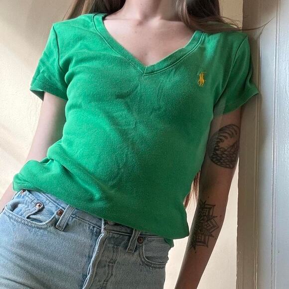 Vintage Ralph Lauren Green V-Neck T-Shirt Women’s Size Small - Picture 1 of 6